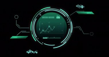 Animation of scope and scientific data processing over black background. Global science, computing and data processing concept digitally generated video.
