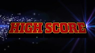 Animation of high score text over shapes and spots on black background. Video game and communication concept digitally generated video.