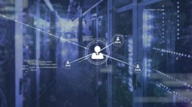 Animation of network of connections with icons and data processing over computer servers. Global connections, computing and data processing concept digitally generated video.