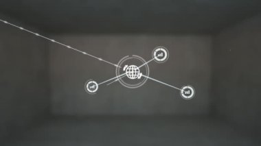 Animation of network of connections with icons on grey background. Global connections, technology and digital interface concept digitally generated video.