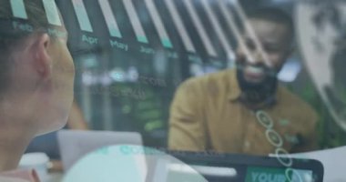 Animation of financial data processing over biracial businessman using laptop. Global business, finances, computing and data processing concept digitally generated video.