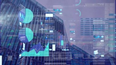 Animation of infographic interface over low angle view of building. Digital composite, multiple exposure, report, business, architecture, progress, abstract and technology concept.