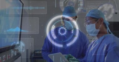 Animation of scope, circuit board, data processing over surgeons. Global medicine, digital interface, computing and data processing concept digitally generated video.
