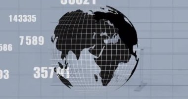 Animation of financial data processing and globe on grey background. Global business, finances and digital interface concept digitally generated video.