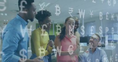 Animation of financial data processing and currency symbols over diverse business people. Global business, finances, computing and data processing concept digitally generated video.