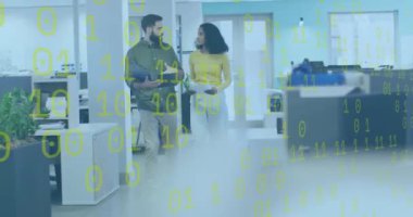 Animation of binary coding data processing over diverse business people in office. Global business, finances, computing and data processing concept digitally generated video.
