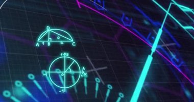 Animation of mathematical formulae and scientific data processing over black background. Global science, computing and data processing concept digitally generated video.