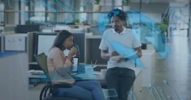 Animation of globe and financial data processing over diverse business people in office. Global business, finances, computing and data processing concept digitally generated video.