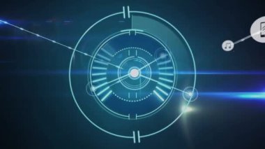 Animation of network of connections with icons and scope scanning on black background. Global connections, computing and digital interface concept, digitally generated video.