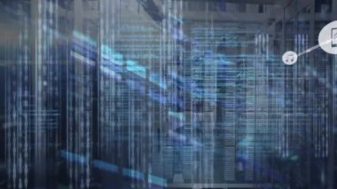 Animation of computer language and connected icons over server rack in background. Digital composite, multiple exposure, communication, coding, networking, technology and network server concept.