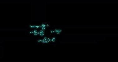 Animation of mathematical formulae and scientific data processing over black background. Global science, computing and data processing concept digitally generated video.