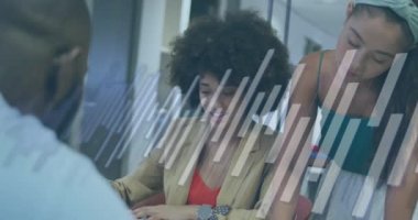 Animation of financial data processing over diverse business people in office. Global business, finances, computing and data processing concept digitally generated video.