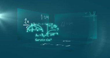 Matematiksel formüllerin animasyonu ve kara arkaplan üzerinde bilimsel veri işleme. Küresel bilim, bilgisayar ve veri işleme kavramı dijital olarak oluşturulmuş video.