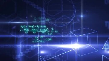 Animation of mathematical formulae and scientific data processing over black background. Global science, computing and data processing concept digitally generated video.
