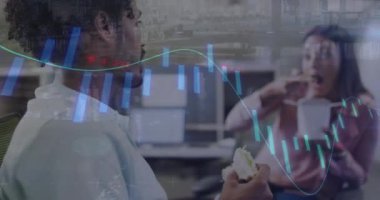 Animation of financial data processing over diverse business people in office. Global business, finances, computing and data processing concept digitally generated video.