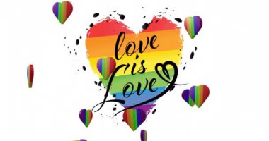 Animation of rainbow hearts over love is love text on white background. Valentine's day, love and celebration concept digitally generated video.