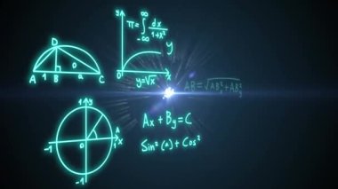 Animation of mathematical formulae and scientific data processing over black background. Global science, computing and data processing concept digitally generated video.