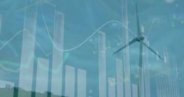 Animation of financial data processing over wind turbine. Global sustainability, wind energy, business, finances, computing and data processing concept digitally generated video.