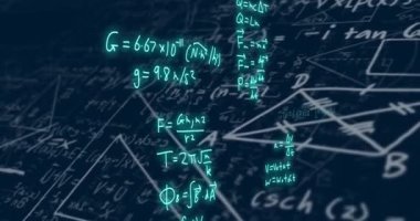 Animation of mathematical formulae and scientific data processing over black background. Global science, computing and data processing concept digitally generated video.