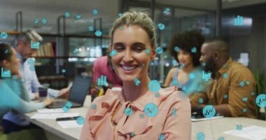 Animation of network of connections over diverse business people working in office. Global business, finances, computing and data processing concept digitally generated video.