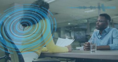 Animation of scope and data processing over diverse business people in office. Global business, finances, computing and data processing concept digitally generated video.