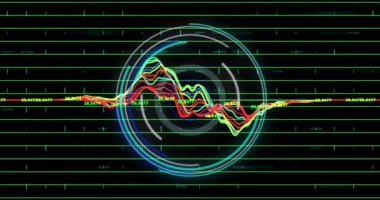 Animation of scope scanning and financial data processing over black background. Global business, finances and digital interface concept, digitally generated video.