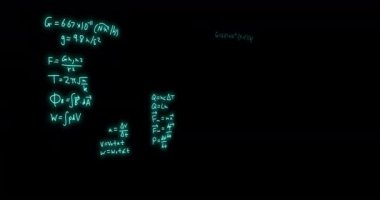 Animation of mathematical formulae and scientific data processing over black background. Global science, computing and data processing concept digitally generated video.