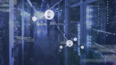 Animation of connected icons and dots with programming language over server room. Digital composite, multiple exposure, communication, coding, networking, technology and network server concept.