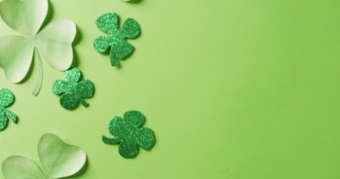 Video of saint patricks day green shamrock leaves with copy space on green background. Saint patricks day, irish tradition and celebration concept.