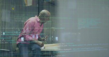 Animation of financial data processing over diverse business people in office. Global business, finances, computing and data processing concept digitally generated video.