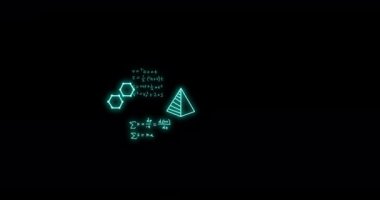 Animation of mathematical formulae and scientific data processing over black background. Global science, computing and data processing concept digitally generated video.