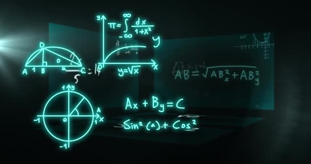 Animazione Formule Matematiche Elaborazione Dati Scientifici Sfondo Nero Concetto Globale — Video Stock