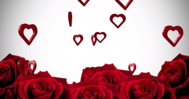 Animație Inimi Aur Peste Trandafiri Fundal Alb Ziua Îndrăgostiților Conceptul — Videoclip de stoc