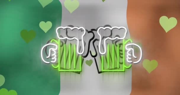 Animation Patrick Day Green Hearts Neon Glasses Beer Irish Flag — Vídeos de Stock