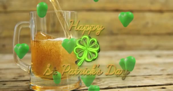 Animation Patrick Day Text Shamrock Green Hearts Glass Beer Patrick — Stock Video