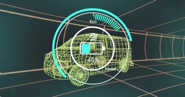 Animation Von Öko Symbolen Und Datenverarbeitung Über Zeichnungen Für Autos — Stockvideo