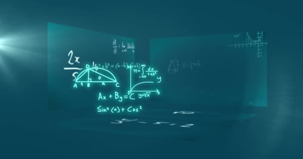 Animation Mathematical Formulae Scientific Data Processing Black Background Global Science — Vídeo de Stock
