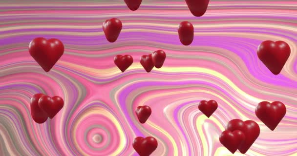 複数の色の縞模様の背景に赤いハートのアニメーション バレンタインデー 愛とロマンスのコンセプトデジタル生成ビデオ — ストック動画