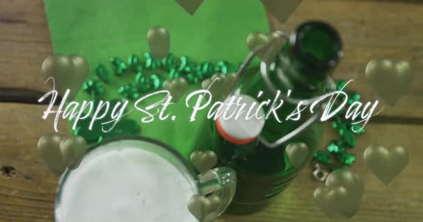 Animation Patrick Day Text Green Hearts Glass Beer Wooden Background — Wideo stockowe