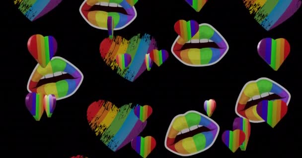 Animation Rainbow Hearts Lips Black Background Valentine Day Love Celebration — стокове відео