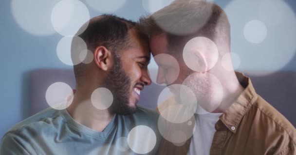Animation Light Spots Diverse Male Couple Embracing Valentine Day Love — Stock Video