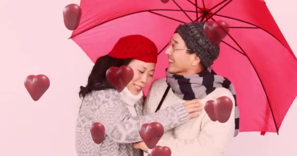 Animation Red Hearts Couple Love Pink Umbrella Valentine Day Love — Stockvideo