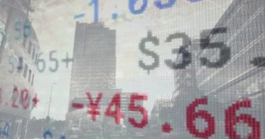 Animation of stock market data processing and network of connections against tall buildings. Global economy and business networking technology concept