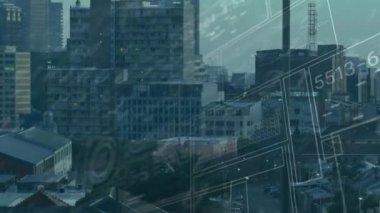 Animation of data processing and binary coding over cityscape. Global technology and security concept digitally generated video.
