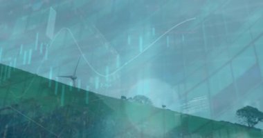 Animation of multiple graphs and computer language over rotating windmills on green land. Digital composite, multiple exposure, report, business, coding, machine learning and renewable energy.
