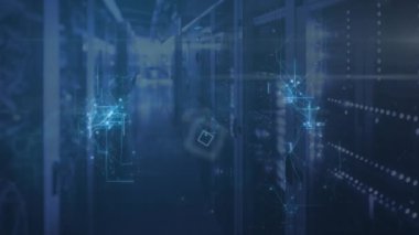 Animation of network of connections with icons and padlock over server room. Global technology and security concept digitally generated video.