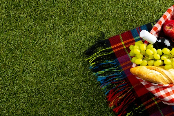 Picnic basket with food and tartan blanket lying on green grass. Picnic, food, eating outside, relaxing in nature concept.
