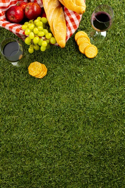 Vertical image of picnic basket with food and vichy blanket lying on green grass. Picnic, food, eating outside, relaxing in nature concept.