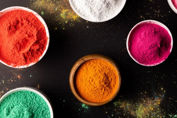 Close Multi Coloured Powder Bowls Copy Space Black Background Holi — Foto de Stock