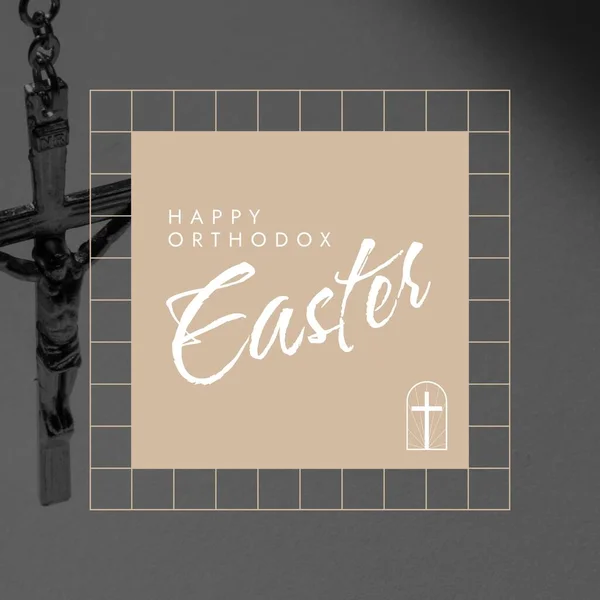 Composition of orthodox easter text over cross. Orthodox easter and celebration concept digitally generated image.